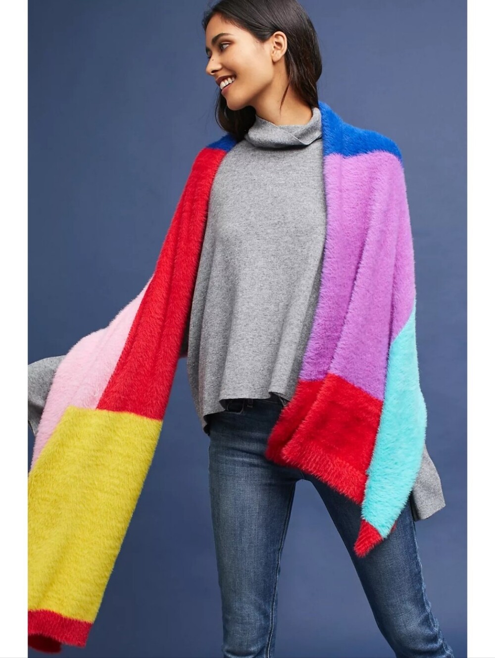 Anthropologie Tania Cosy Graphic Colorblock Rainbow Fuzzy Nylon Scarf